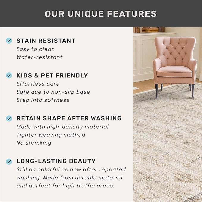 Farmhouse Bathroom Rug 2x3 Beige, Machine Washable Small Non Slip Indoor Entryway Area Rug, Low Pile Thin Neutral Vintage Design for Bedside, Kitchen