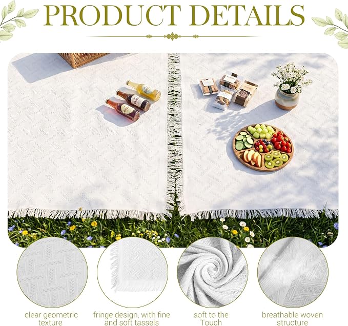 2 Pack White Coffee Extra Large Picnic Blanket, Outdoor Picnic Mat, Woven Boho Large Beach Blanket with Fringe for Park, Camping, Lawn or Wedding Photoshoot (71 x 91 Inches)
