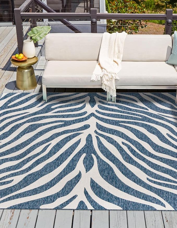 Unique Loom Outdoor Safari Collection Area Rug - Tsavo (10' Square, Blue/ Ivory)