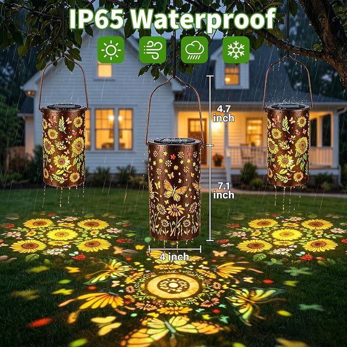 Garden Decor - [2 Pack] Colorful Hanging Solar Lanterns Outdoor Waterproof, Sunflower + Butterfly Solar Lantern for Courtyard Patio Table Step Front Porch Decor, Gifts for Mom Wife Grandma Friends