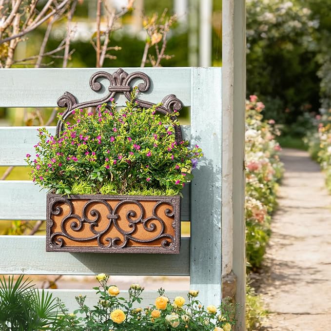 Sungmor Vintage Cast Iron Wall-Mounted Planter Basket with Fabric Liner,Rustic Scrollwork Hanging Flower Holder,Decorative Wall Shelf for Plants,Outdoor Hanging Basket Flower Pot