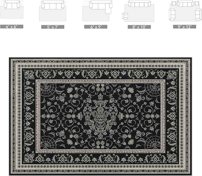 Nayoroom Black Gothic Spider and Fang Area Rug, Machine Washable, 8 x 10 ft | Spiderweb, skull and fang motifs;Halloween rug; Dark Academia pattern; Soft ; Non-slip backing; Bedroom or living room