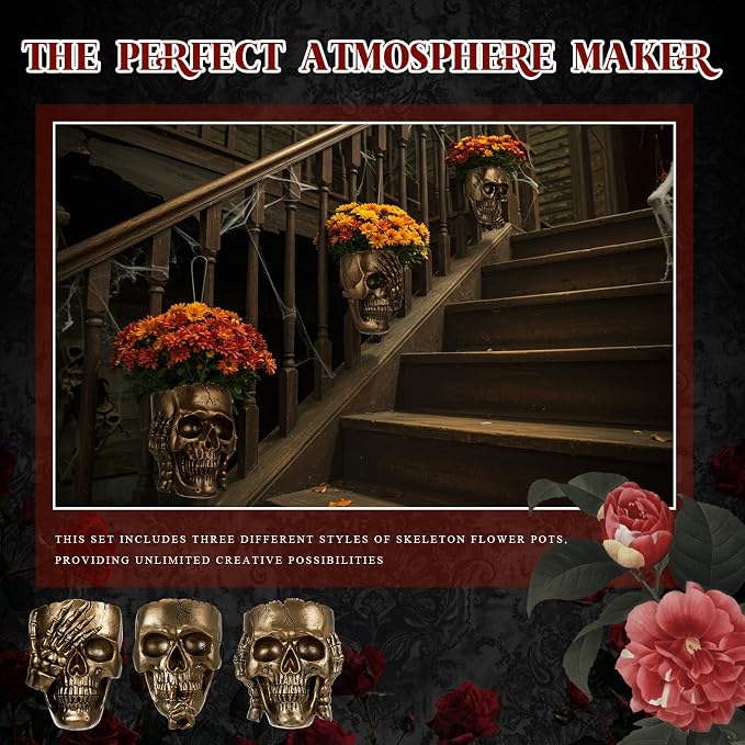 3 Pcs Skull Planter Skeleton Wall Hanging Planter Pot Gothic Spooky Head Face Flower Pot Garden Decor for Festival Party Indoor Outdoor Plants Home Garden Office Decorations(Gold)