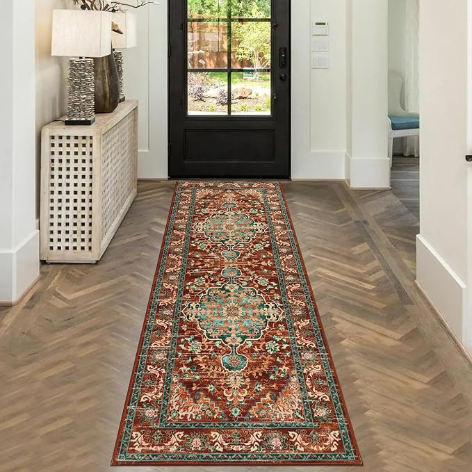U'Artlines 2' x 6' Boho Hallway Runner Rug, Washable Carpet, Rust＆Teal | Non Slip, Vintage Farmhouse Accent Area Rug Carpet, for Kitchen Entryway Laundry and Living Room