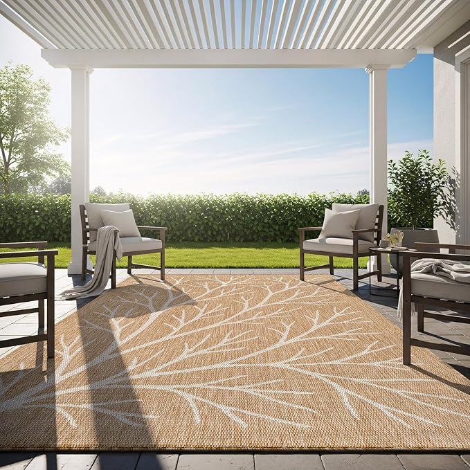 Washable Indoor Outdoor Rug 8x10 Modern Area Rugs Branch Pattern Non Shedding Waterproof Easy Clean Patio Deck Porch Living Room Bedroom Garden RV (8 X 10 Natural)
