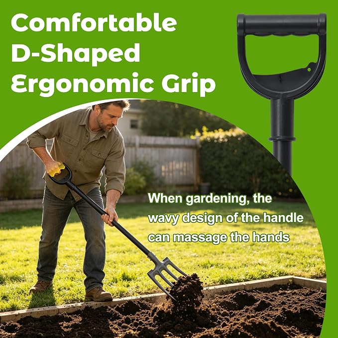 Pitch Fork, Metal Broadfork Garden Tool Long Handle, 4 Tine Mulch Hay Manure Digging Bedding Hay Potato Garden Fork Shovel for Gardening Loosening Soil Compost