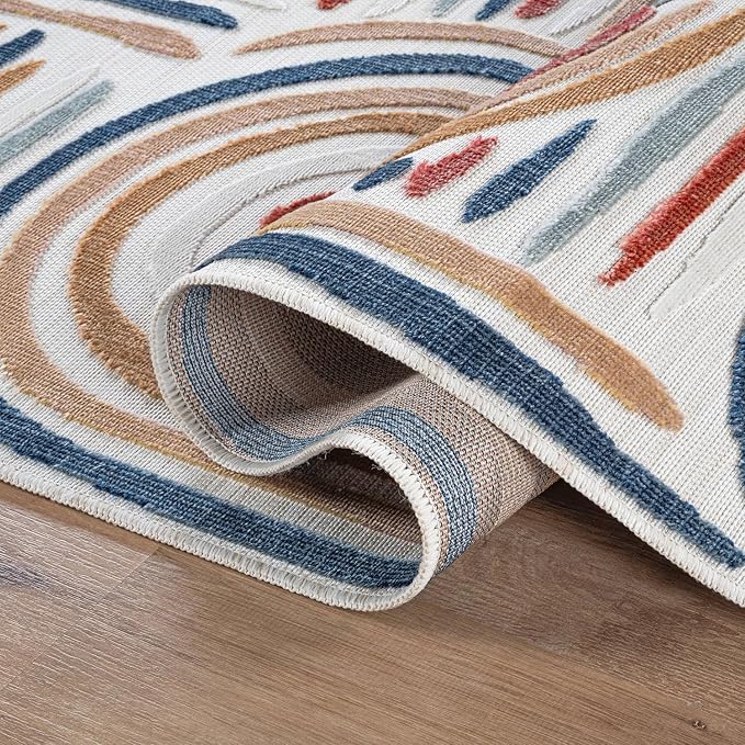 CAMILSON Indoor Outdoor Rug, Multicolor 10x14 Geometric Arch Striped Large Area Rugs for Patio and Home Areas, Easy-Cleaning Non-Shedding Living Room, Garden and Deck Washable Outside Carpet 10 x 14