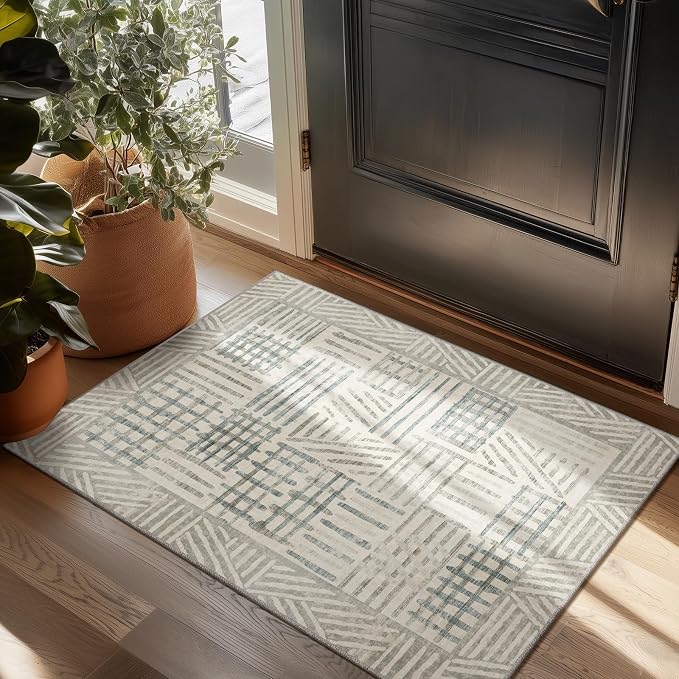 Non-Slip Washable Entry Rug 2x3 Abstract Geometric Textured Brushstroke - Neutral Gray & Light Blue Modern Minimalist Hallway Runner Rug, Decorative Carpet for Living Room Bedroom Home Decor