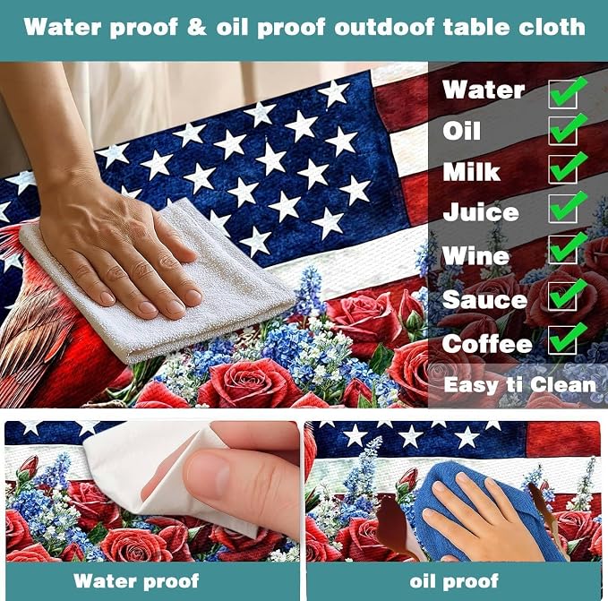 Picnic Table Cover with Bench Covers, Waterproof Elastic Fitted Tablecloths for 6 Foot Rectangle Tables, Washable American Flag Tablecloth for Camping, Outdoor (Red & Blue, 30"x60")