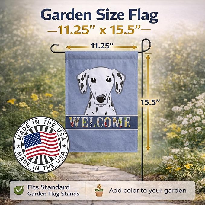 Caroline's Treasures BB1396GF Dalmatian Welcome Garden Flag, Blue Mailbox Flag Decorative Yard Flag Banner Outside Patio Artwork Yard Flower Beds, Garden Size, Multicolor