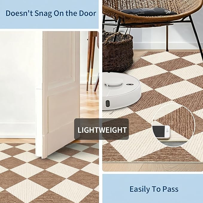 GarveeHome Checkered Entryway Rug 2x3 Brown Diamond Washable Front Door Rug | Soft Indoor Entrance Plaid Carpet Non-Slip Low Pile Throw Rugs for Kitchen Floor, Powder Room, Entry, Bathroom, Kids Room
