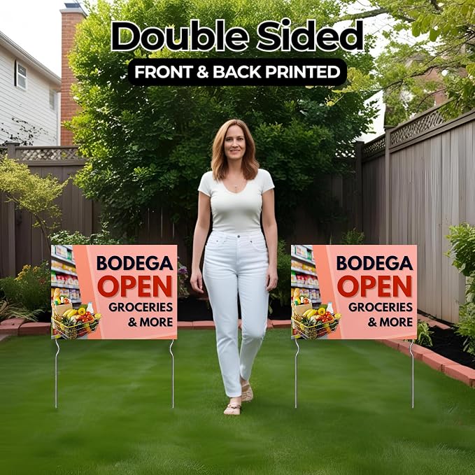 Bodega Open - Groceries & More! Yard Sign by DC | 24"x18" Double Sided Conv. Store Garden Sign with 13” Metal Stakes | Outdoor Signs Waterproof for Lawn, Patio, Sidewalk & House | Set of 3