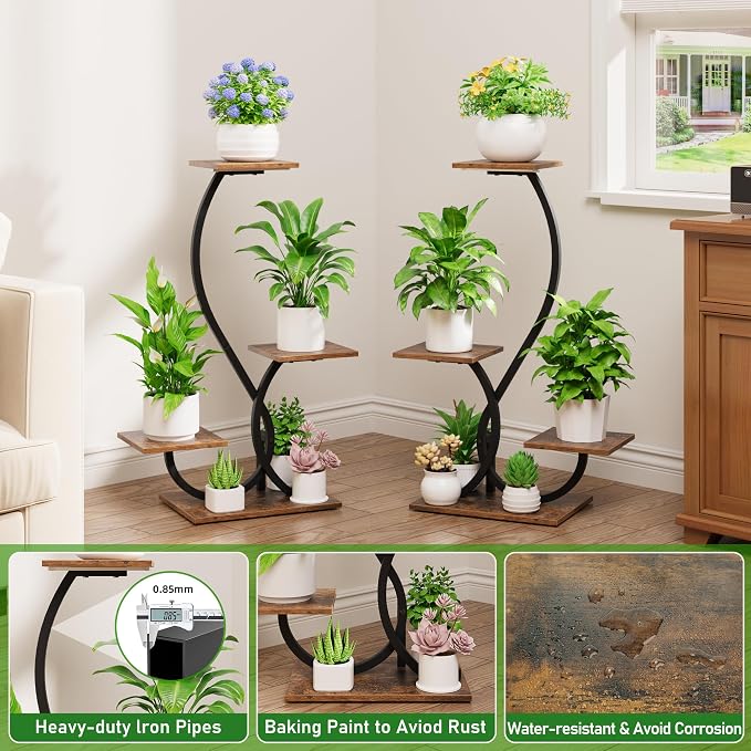 BACEKOLL Plant Stand Indoor with Grow Lights - 2 Pack Plant Shelf, Lighted Corner Plant Stands for Indoor Growing, 4 Tiered Metal Flower Holder, S-Shaped Decorative Shelves for Home, Hallway, Black
