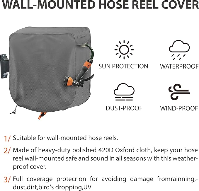 Wall Mounted Hose Reel Cover 26x11x18in 420D Waterproof | Oxford fabric, protection, ventilation, zipper, drawstring, dustproof, windproof, animal guard, backyard, garage, storage