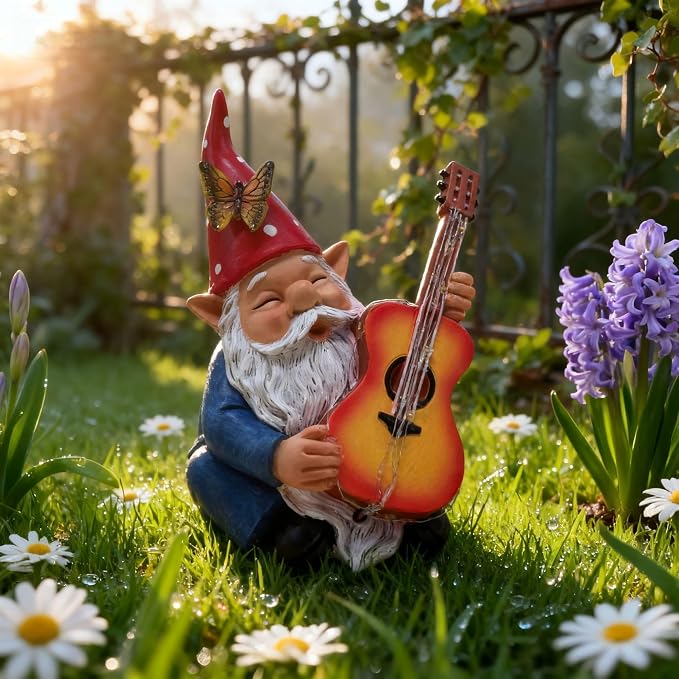 Funny Garden Gnome Statue Solar Hippie Gnomes Decorations Figurine Yard Ornament Gnome Playing Lighted Guitar LED Lawn Patio Porch Decor for Outdoor House Housewarming Gifts for Women