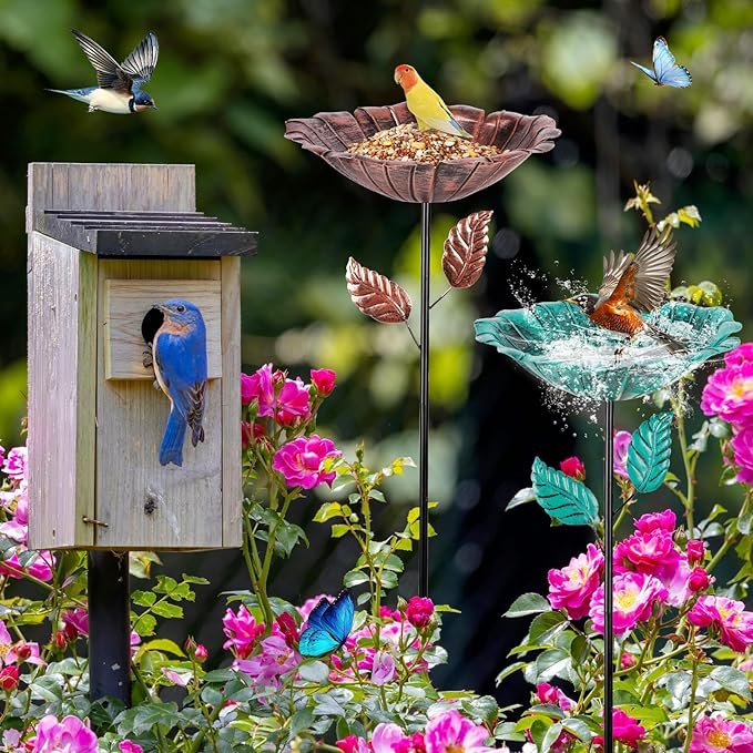 2 Pack Bird Baths for Outdoors, Vintage Metal Bird Bath for Outside, Hummingbird Bath with Five Stakes, Garden Flower Small Birdbath for Garden Decor, 31.3" H x 10.63" Dia (Bronze,Vintage Green)