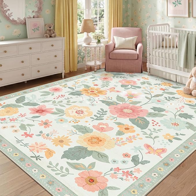 RELEANY Floral Washable 8x10 Area Rugs Beige/Green | Flower Carpet, Print, Boho, Non-Slip, Easy to Clean, Soft, Low Pile for Living Room Bedroom Kitchen Office Entryway Hallway