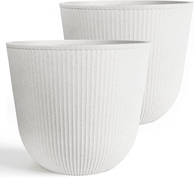 Worth Garden Round Large Planter Pot Set of 2-17.5" Dia x 15.5" H - Durable Plastic White Plant Tree Pots with Vertical Stripe Textured Finish, Drainage Hole for Indoor, Outdoor, Front Porch, Patio