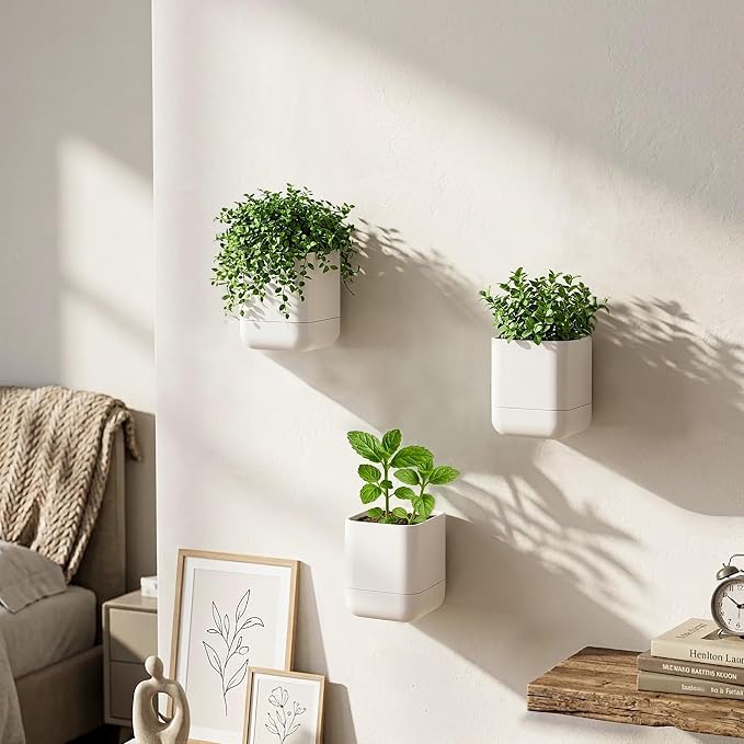 Phoenix Vine 3.5 Inch Wall Mounted Self-Watering Planter Pot for Indoor Houseplants and Herbs | Hanging Planter for Window Sills, Bathroom Walls, Home & Office Décor, Oatmeal, Set of 4, 01-A-G-4