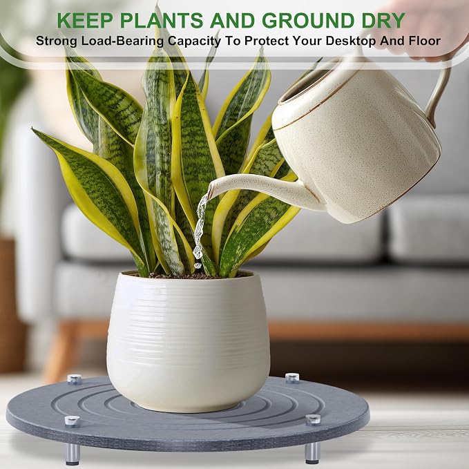 2Pcs 16 Inch Plant Saucers for Indoors, Instant Dry Diatomaceous Earth Plant Saucer, Plant Trays for Pots with Stainless Steel Feet, Plant Water Catcher Tray, Gray