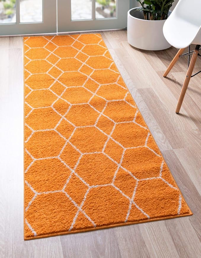 Unique Loom Trellis Frieze Collection Area Rug - Geometric (2' x 13' 1" Runner, Orange/ Ivory)