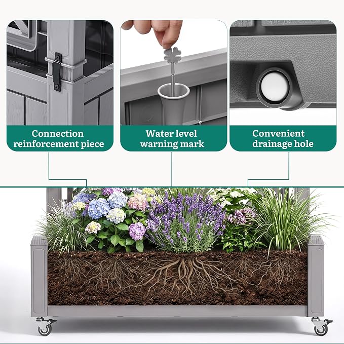 YITAHOME 3.6x1.5x5 FT Planter Box Trellis with Wheels, Large Outdoor Plastic Raised Garden Bed with Drain Plug for Climbing Plants, Light Brown