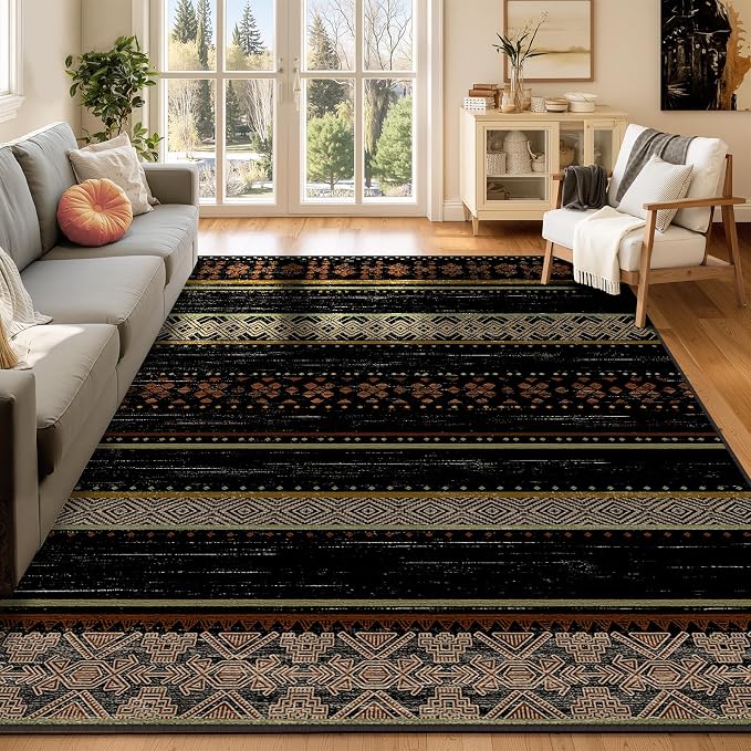 9x12 Washable Area Rugs for Living Room Boho Bedroom Rug Colorful/Black | Vacuum Friendly, Machine Washable, Non-Slip Rug, Stain Resistant, Moroccan Geometric, Low Pile Carpet, Dining Room Kitchen