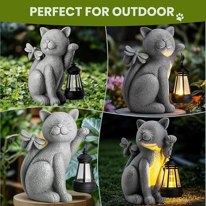 Solar Garden Outdoor Statues Cat with Solar Lantern,Outdoor Cat Figurines Decorations,Lawn Home Decor for Patio, Balcony, Yard Ornament,Unique Housewarming and Birthdays Gifts for Mom Women Grandma