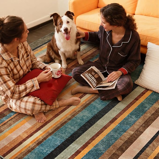 jinchan 5x7 Area Rug Modern Striped Rug Washable Living Room Rug, Pine Dawn | Non-Slip, Thin, Lightweight, Low Pile, Decor Carpet, Modern, Entrance, Entryway, Bedroom, Kitchen, Dining Room, Home Office