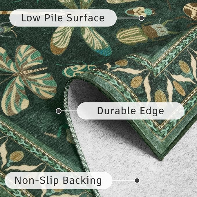 DCX 5x7 Washable Bug Rug for Living Room, Soft Low Pile Rug, Dark Green | Easy to clean, non-shedding, soft, kid & pet friendly, with a non-slip rubber backing for bedrooms, and nature-themed decor