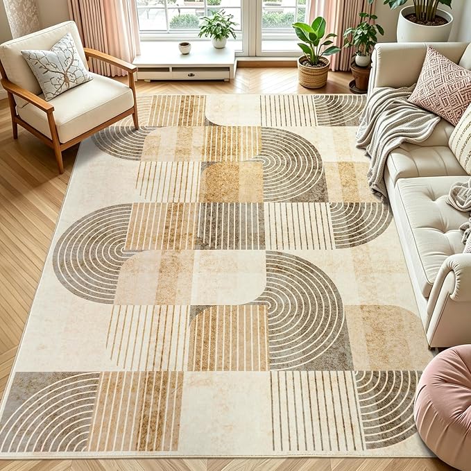 Washable Area Rugs for Bedroom Living Room 4x6 ft, Non-Slip Modern Rug | Stain Resistant, Low Pile, Soft Carpet Indoor Floor Boho Carpet for Kitchen Front Door Entrance Office Kids Room, Beige