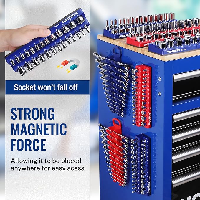 WORKPRO 8-Piece Magnetic Socket and Wrench Organizer Set | 6-Piece Socket Holders, 1/4" 3/8" 1/2" DR Tool Trays, For Metric SAE Sockets, 2-Piece Wrench Holders, For Metric SAE Wrenches