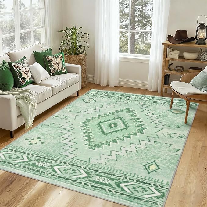 Yinhua Sage Green Entryway Rug 3x5, Western Washable Area Rug Non Slip | Navajo Geometric Rugs Low Pile, Non Shedding Small Carpet for Bedroom Entrance Living Room