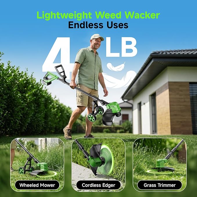 20000RPM Electric Weed Wacker Cordless, 14'' Wheeled String Trimmer Weed Eater Battery Powered, 3 in 1 Lightweight Cordless Edger Grass Trimmer Weed Trimmer with 8 Replacement Spools for Garden, Lawn