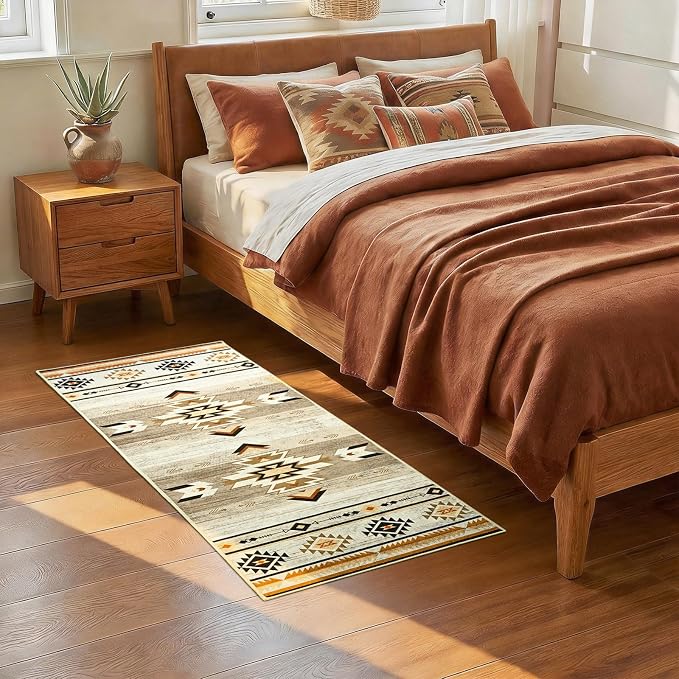 BENRON Western Hallway Runner Rug 2x4 for Bedroom, Washable, Beige Brown | Non Slip Southwest aztec Rug, Accent and Tribal Long Runners for Kitchen
