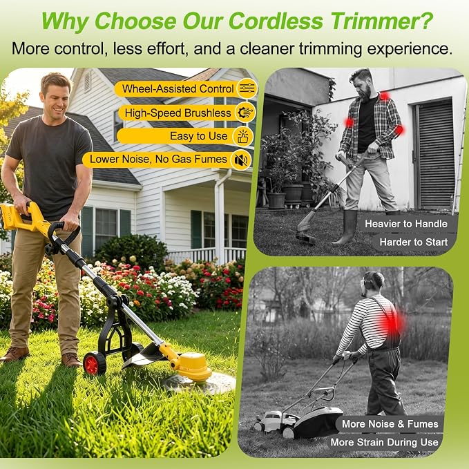 2026 New 30000 RPM Brushless Cordless Weed Wacker with Wheels, 12-Inch Battery Powered Electric Weed Eater, 4-in-1 Grass Trimmer, Brush Cutter, Stringless Weed Trimmer & Lawn Edger (1, Yellow)