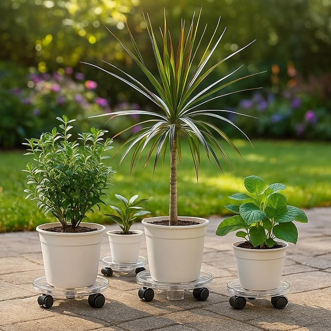 4 Packs 13 Inches Large Clear Plant Caddy Plant Saucers on Wheels Rolling Plant Stands Heavy-duty Plant Dolly Plastic Planter Roller Base Pot Movers Outdoor Plant Tray Coaster