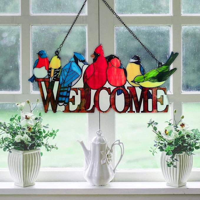 JOYBEE Birds On Branch Stained Glass Suncatcher Cardinal Hummingbird Kingfisher Double Side Glass Panel Window Hanging Decor Bird Ornament Bird Lover Gift for Mom Grandma