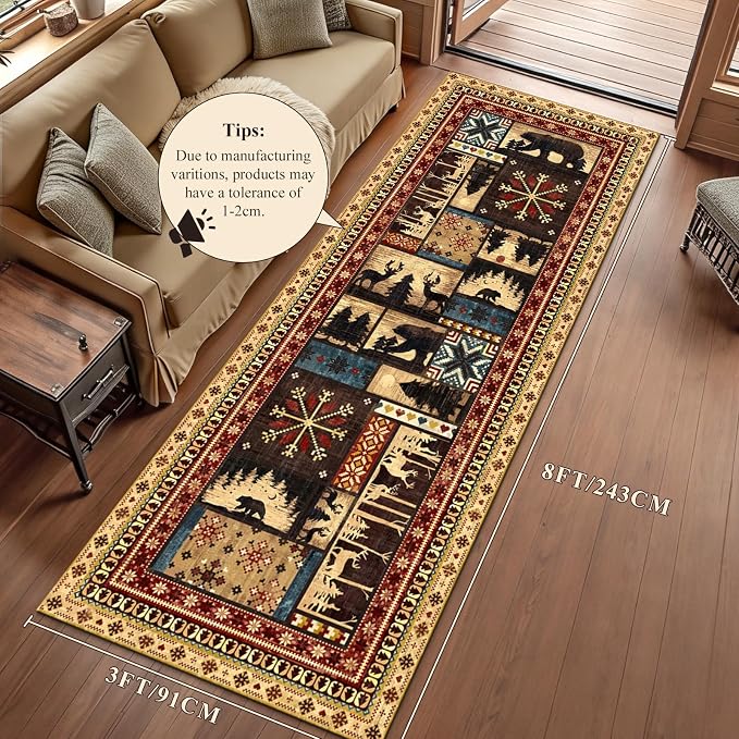 LOKHOM 3x8 Hallway Runner Rug, Non Slip Washable Western Cabin Bear Rugs | Bear Pattern, Low Pile Soft Kitchen Rug, Vintage Wildlife Accent Carpet Runner, For Laundry Bedroom Entryway Nursery