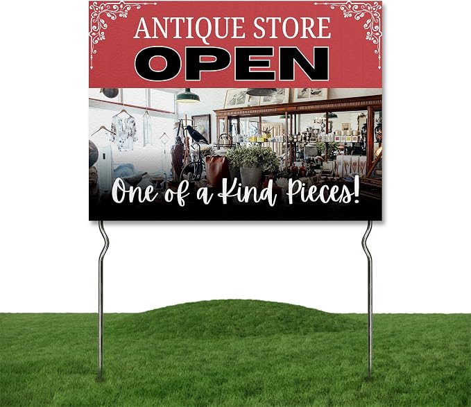 Antique Store Open - One-of-a-Kind Pieces! Yard Sign by DC | 24"x18" Double Sided Conv. Store Garden Sign with 13” Metal Stakes | Outdoor Signs Waterproof for Lawn, Patio, Sidewalk & House | Set of 3