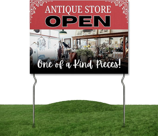 Antique Store Open - One-of-a-Kind Pieces! Yard Sign by DC | 24"x18" Double Sided Conv. Store Garden Sign with 13” Metal Stakes | Outdoor Signs Waterproof for Lawn, Patio, Sidewalk & House | Set of 3