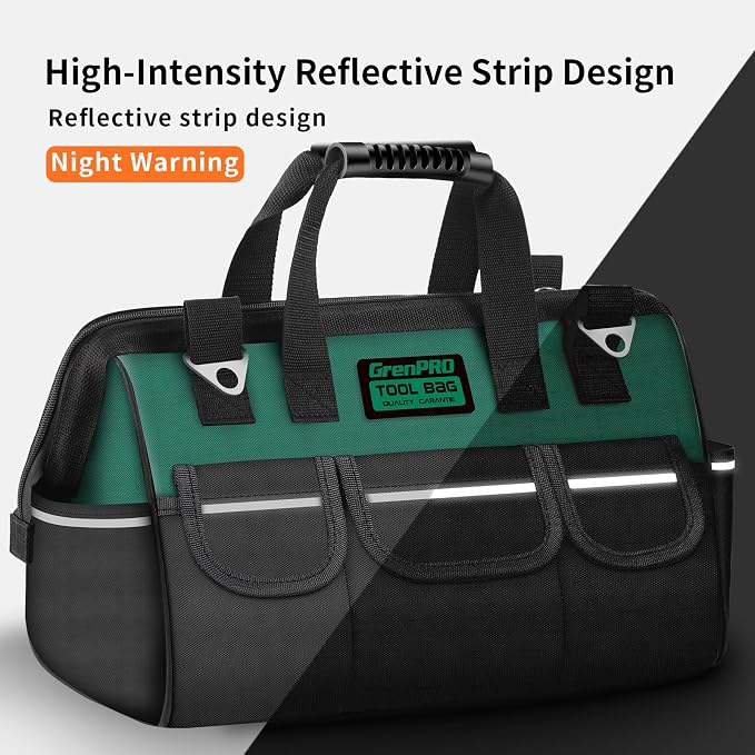 GrenPRO Heavy Duty Tool Bag for Men, 16 Inch Wide Mouth Tool Bags Organizer, Soft Handle Toolbox Storage, Large Zipper Electrician Tool Bag