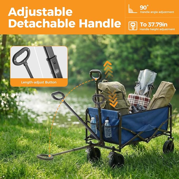 NEWBULIG Collapsible Wagon Cart, 102L Standard, Portable Heavy Duty Pull Cart with Lockable Wheels, 330 lbs Capacity, Adjustable Handle for Beach, Sports, Camping, Shopping & Garden, Blue