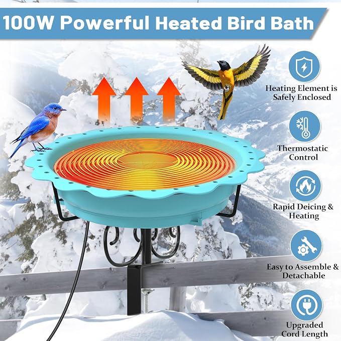 Heated Bird Baths for Outdoors, 100W Heated Bird Bath for Deck Railing, Heated Birdbath with Thermostat Control, Heated Bird Bath for Outside Winter Garden Patio Yard (Blue)