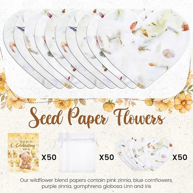 Dunzoom 50 Sets Baby Shower Party Gifts for Guests Heart Shaped Seed Paper Handmade Flower Petals Tags Plantable Wildflower Seed Paper Recycled Thank You Cards and Organza Bags for Party Favors