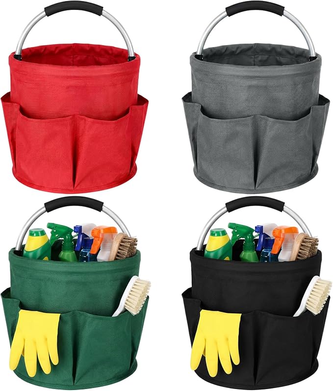 LemonRoad 4 Pack Cleaning Caddy with Handle 17L Foldable Cleaning Supplies Organizer Oxford Cloth Storage Basket with 6 Pockets Portable Multi Bucket Bag for Home Garden(Black,Dark Gray,Red,Green)