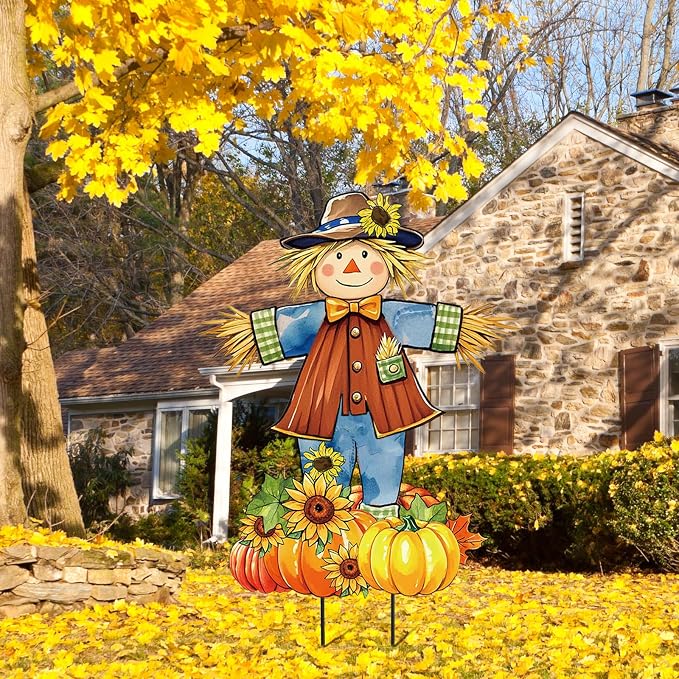 JarThenaAMCS 33" H Fall Scarecrow Metal Garden Stakes Rustic Pumpkin Pile Scarecrow Decorative Lawn Sign for Autumn Thanksgiving Home Outside Lawn Porch Decor
