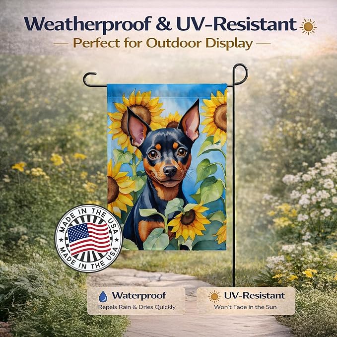 Caroline's Treasures DAC6121GF Miniature Pinscher in Sunflowers Garden Flag Mailbox Flag Decorative Yard Flag Banner Outside Patio Artwork Yard Flower Beds, Garden Size, Multicolor
