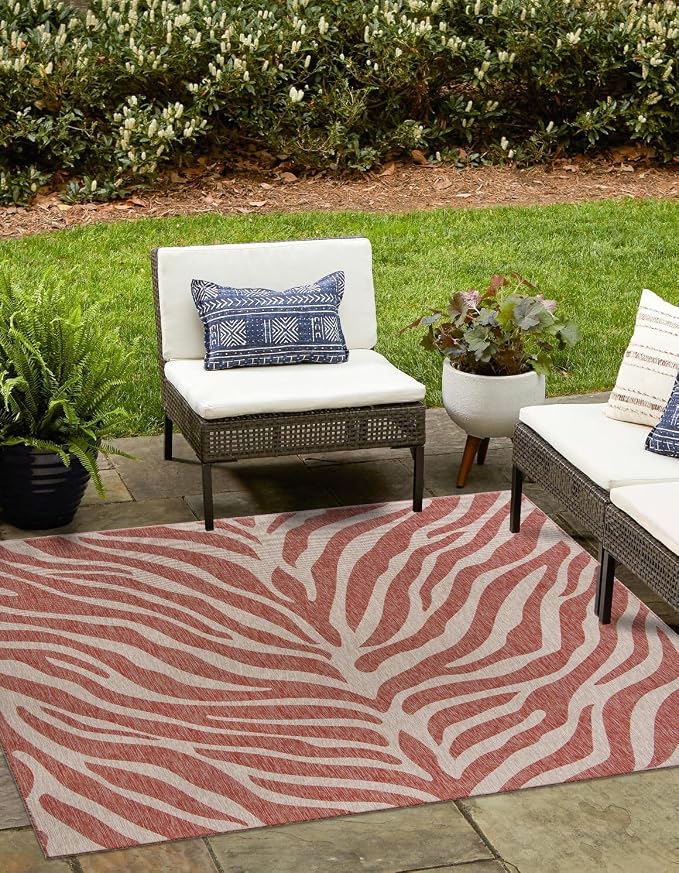 Unique Loom Outdoor Safari Collection Area Rug - Tsavo (10' Square, Rust Red/ Ivory)