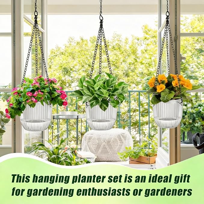 12 Pcs 4.5 Inch Self Watering Hanging Planters for Indoor Outdoor Plants Bulk Pet Small Hanging Flower Pots with Chain Hooks Drainage Holes with Labels 3 Transplant Tools Baskets for Simple Plant Care